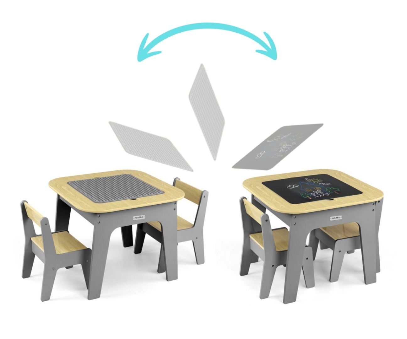 Milly Mally Zestaw mebli Olaf Blocks - Stolik i dwa krzesełka Dark Grey — zdjęcie 5