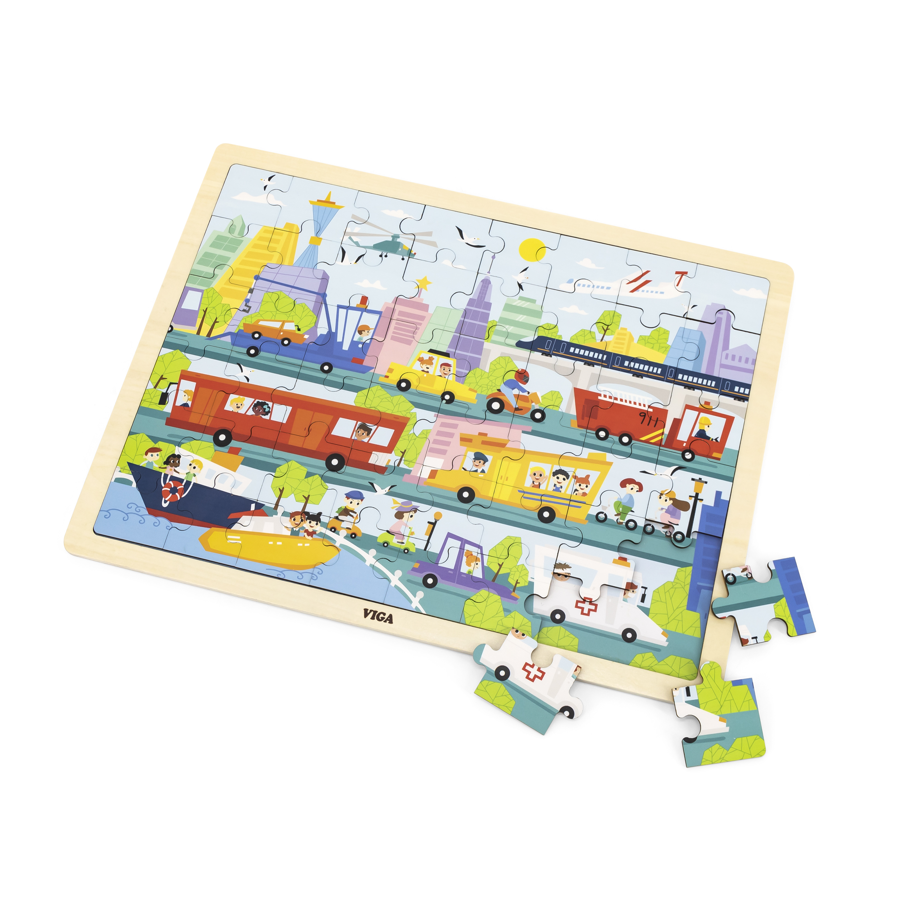 Viga 44582 Puzzle na podkładce 48 elementów - poznajemy transport w mieście — zdjęcie 2
