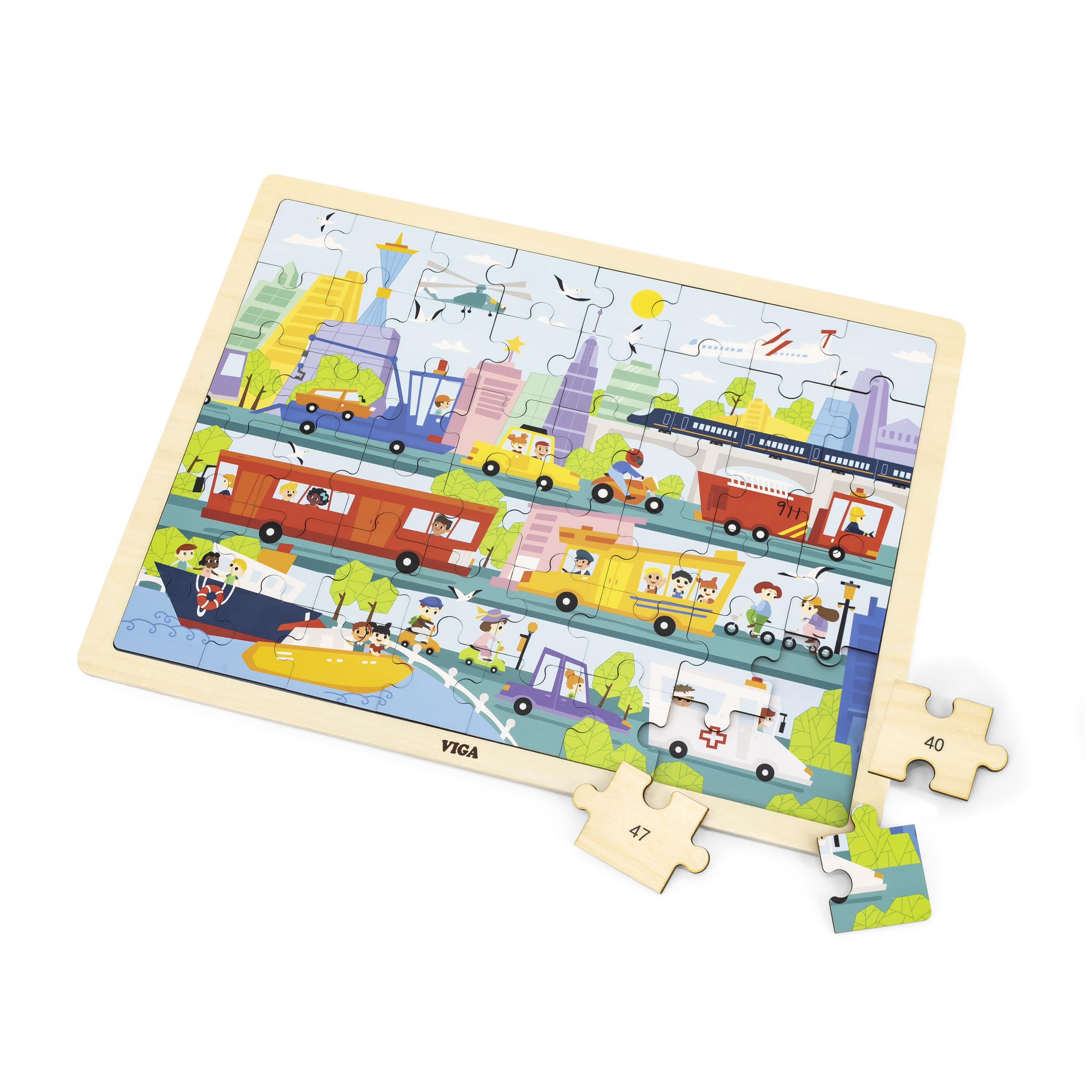 Viga 44582 Puzzle na podkładce 48 elementów - poznajemy transport w mieście — zdjęcie 3