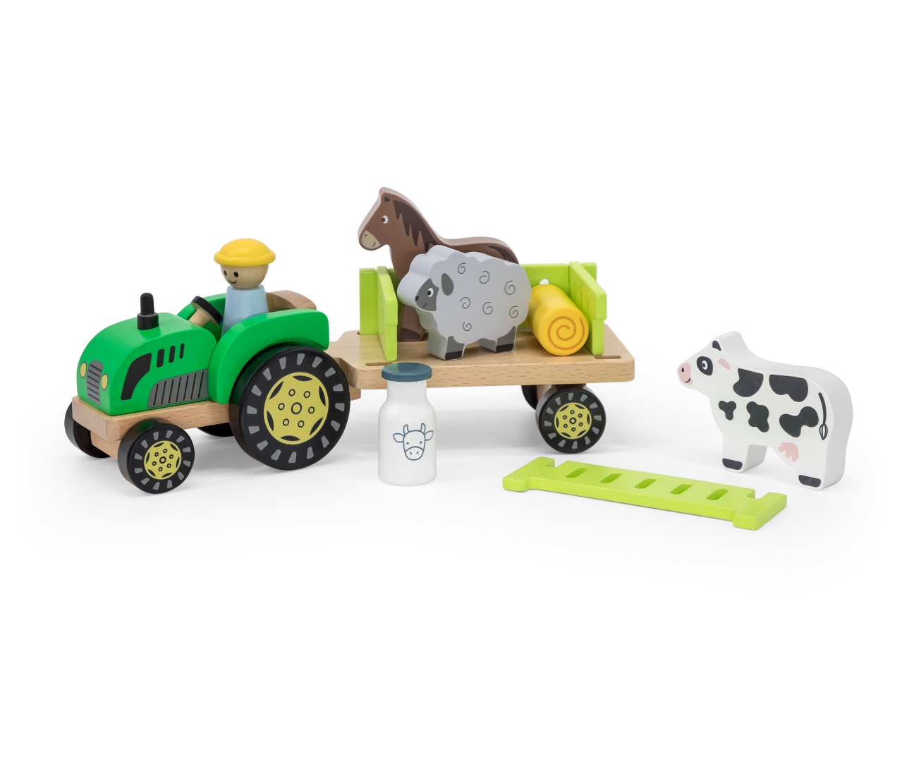 Drewniany traktor z przyczepka i zwierzetami